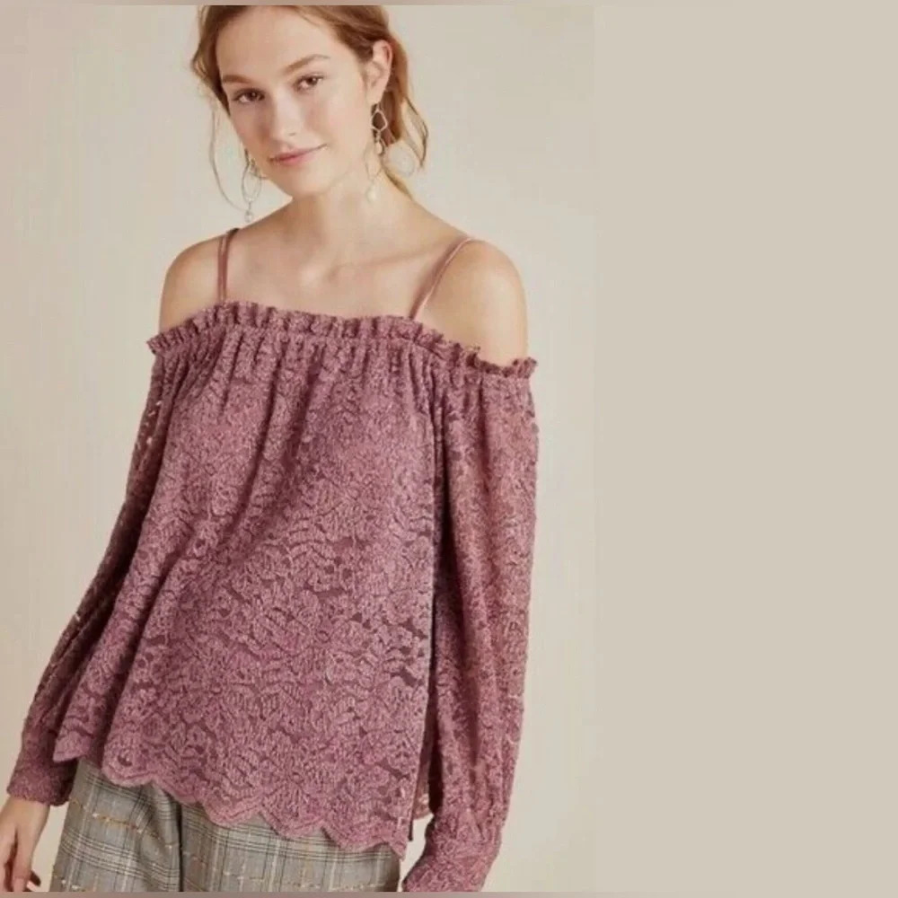 Anthropologie Purple Lace Off-Shoulder Top